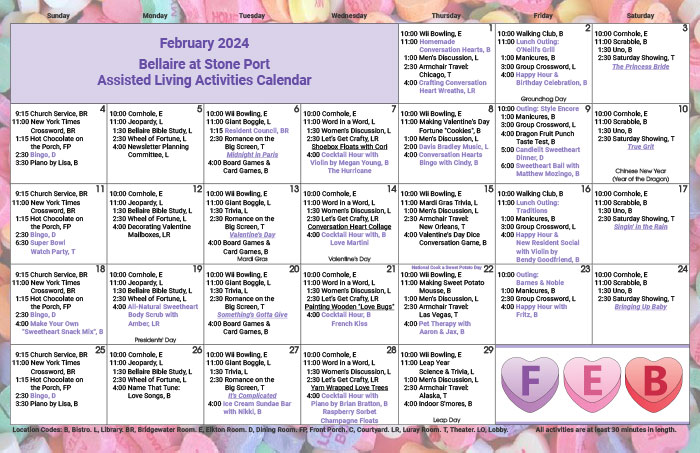 February Assisted Living Calendar